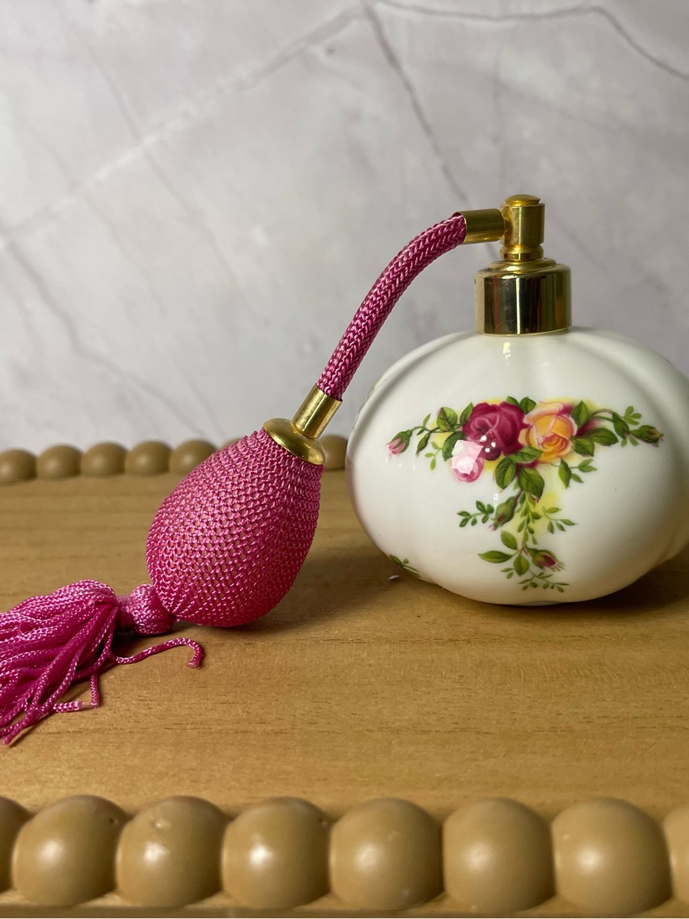 Royal Albert White Porcelain Floral Atomizer with Pink Bulb